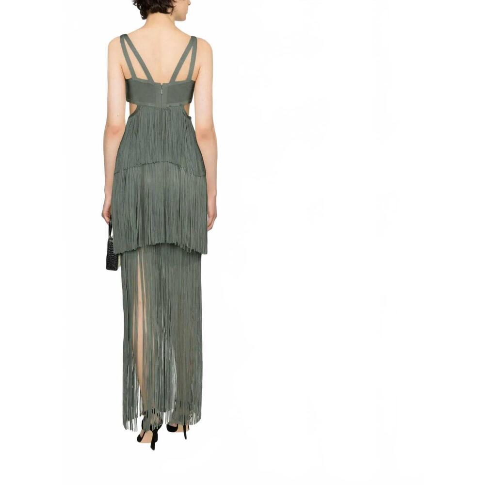 NEW HERVE LEGER tiered fringe maxi gown in willow green - Picture 3 of 5